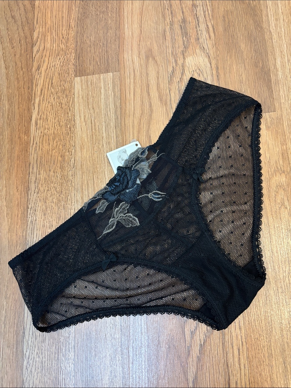 NWT Empreinte sheer black Swiss dot floral lace panty. Size XS.